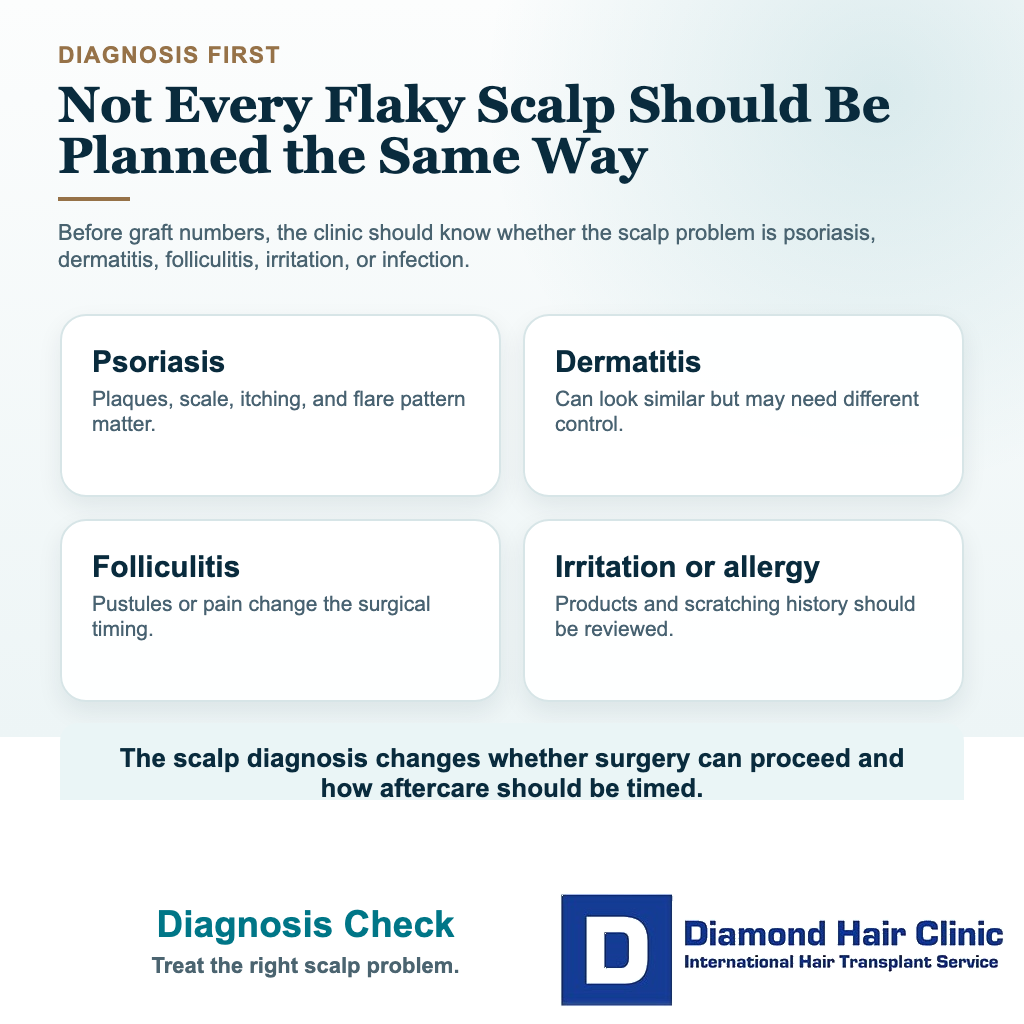 Visual explaining why flaky or itchy scalp needs diagnosis before hair transplant graft planning