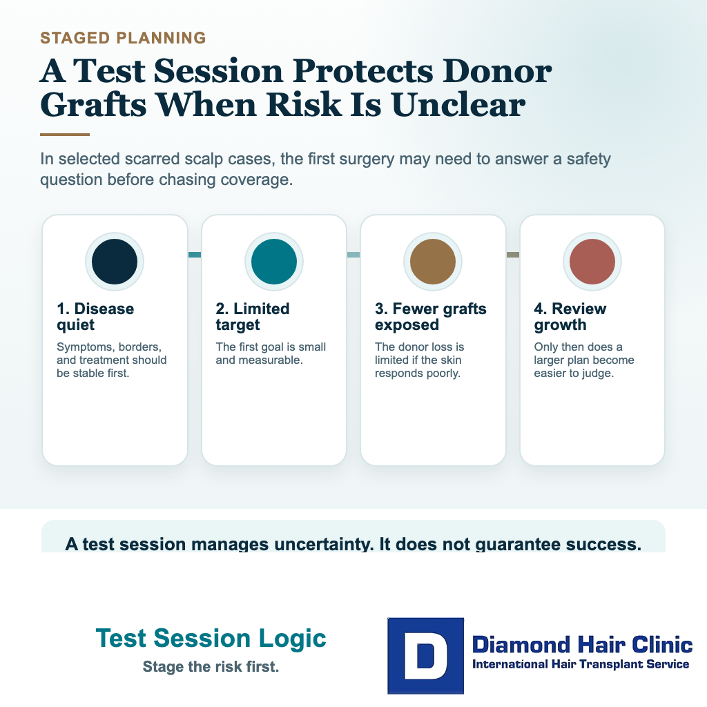 Visual explaining why a small test session may be safer than a full hair transplant in selected scarring alopecia cases