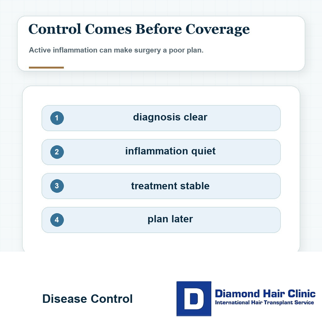 Visual explaining disease control before hair transplant for scarring alopecia or lichen planopilaris