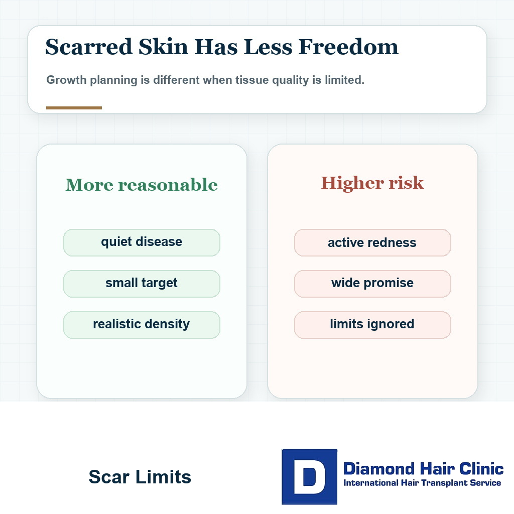 Comparison visual explaining scar tissue limits in scarring alopecia hair transplant planning