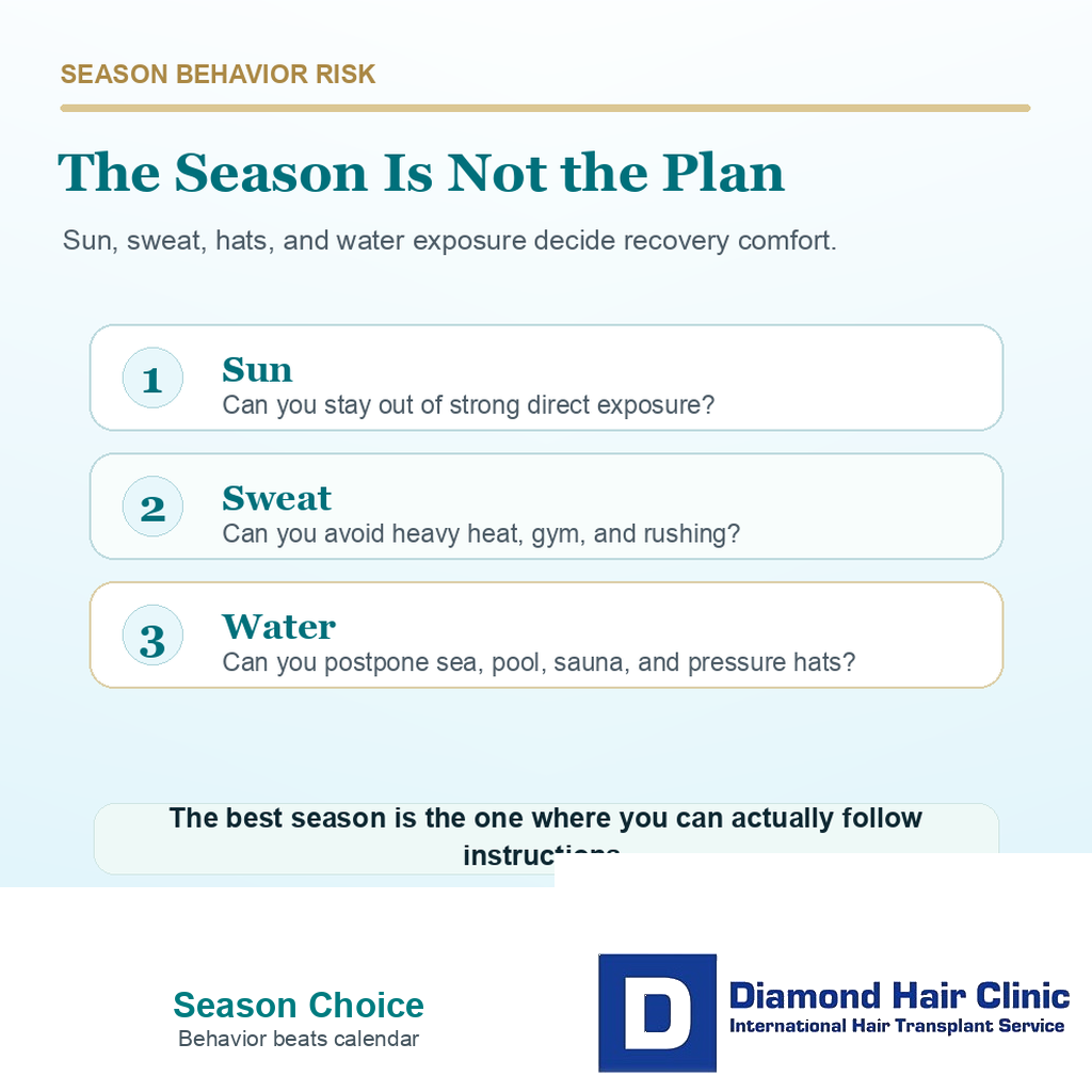 Support card explaining that hair transplant season choice depends on recovery behavior rather than calendar month