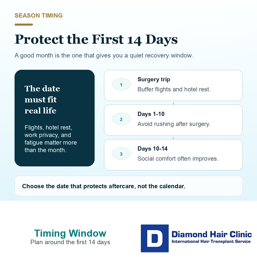 Support visual explaining that hair transplant timing should protect the first 10 to 14 recovery days