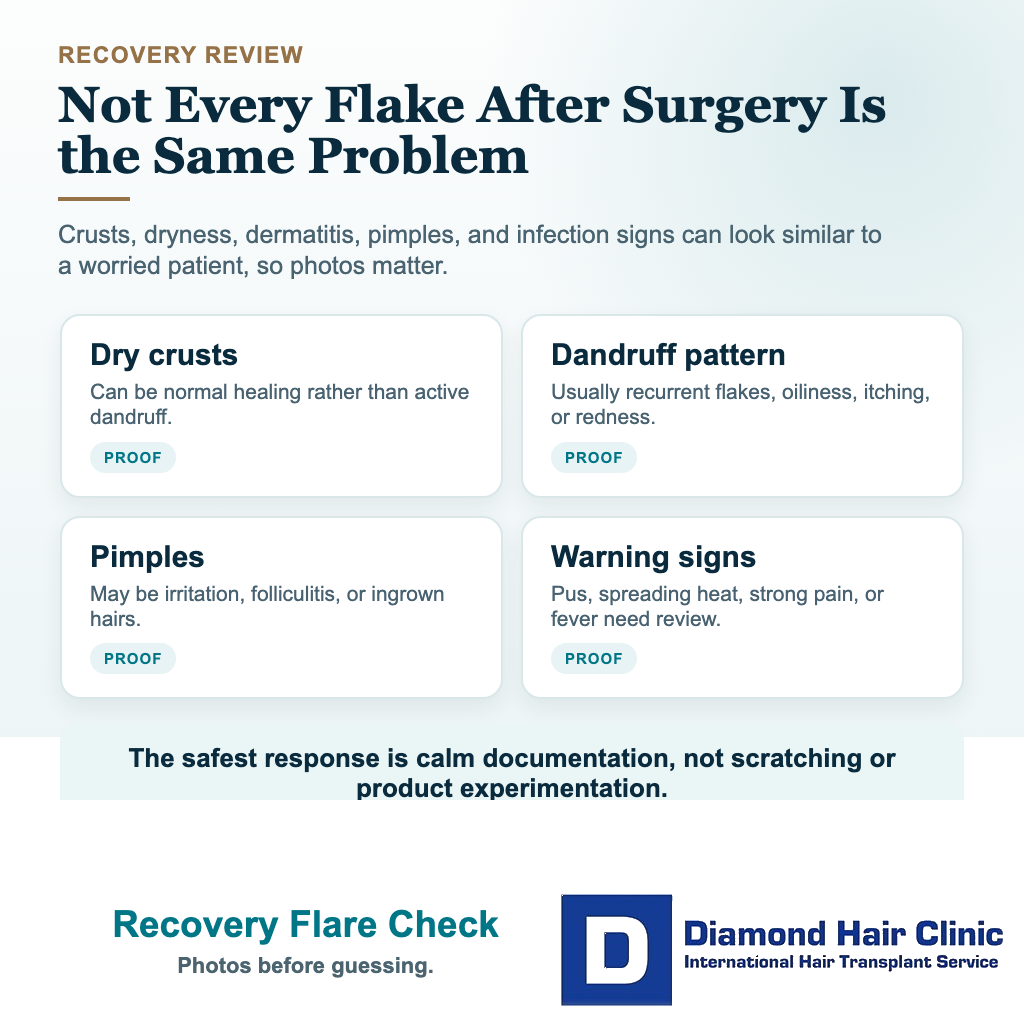 Seborrheic dermatitis hair transplant visual explaining how to review dandruff redness scabs and pimples during recovery