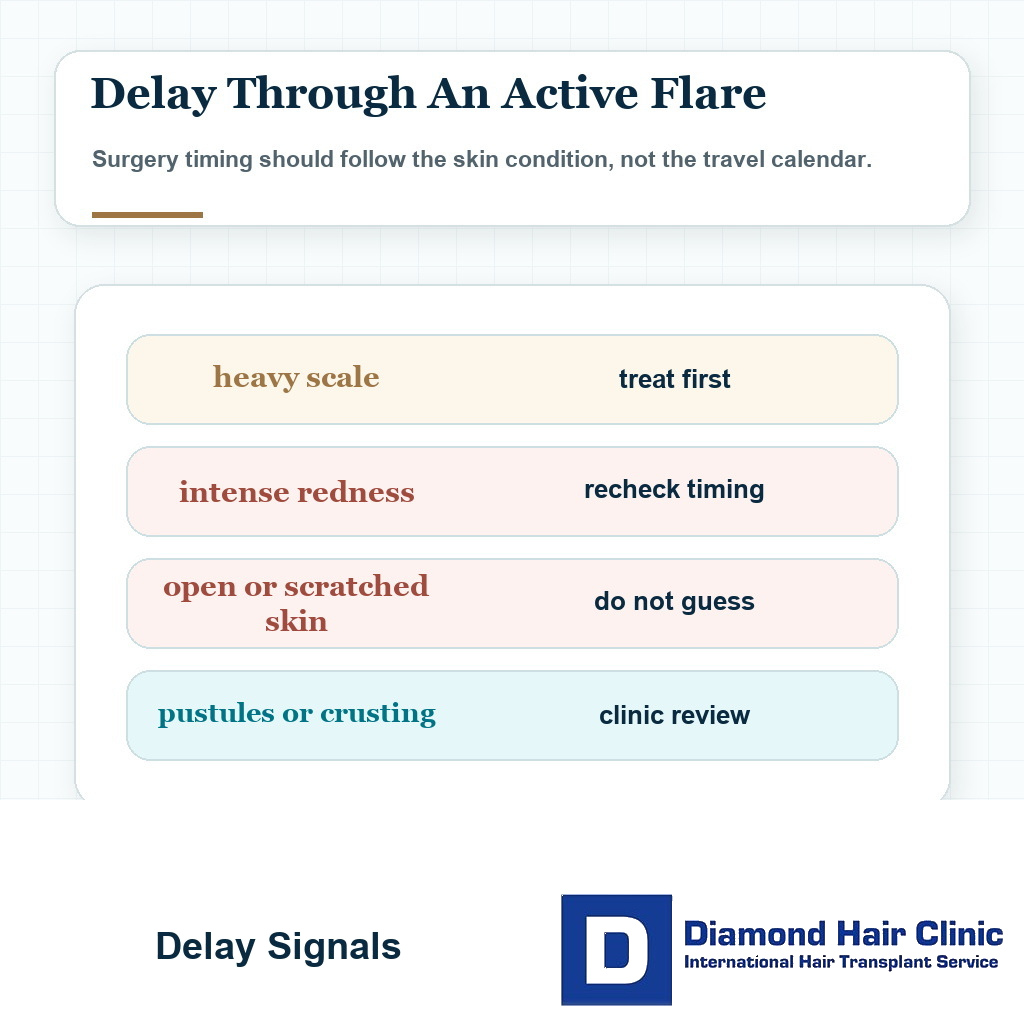 Decision card listing active flare signs that should delay hair transplant surgery until the scalp is calmer