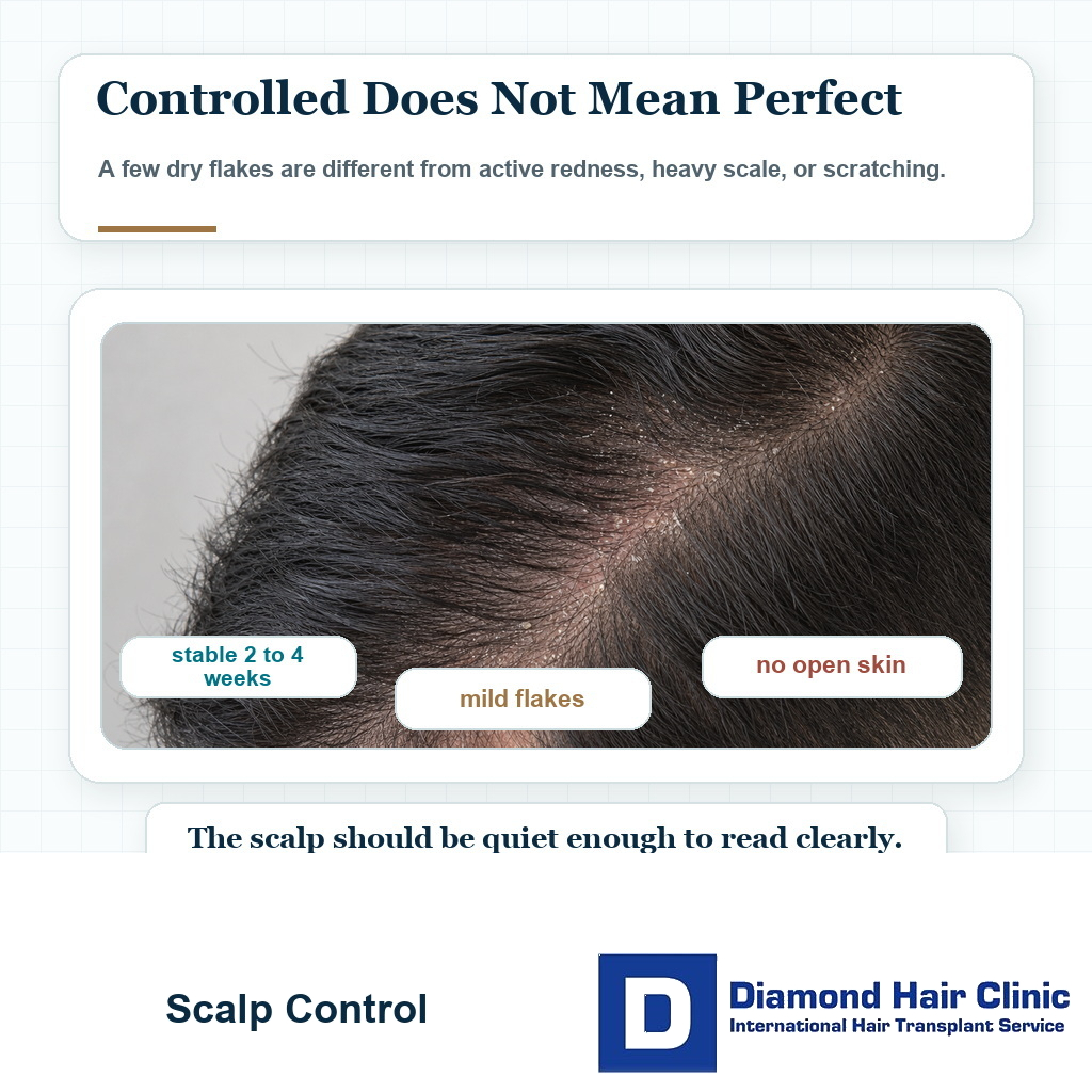 Scalp control visual showing mild flakes and reminders about stable weeks, no heavy scale, and no open skin before hair transplant
