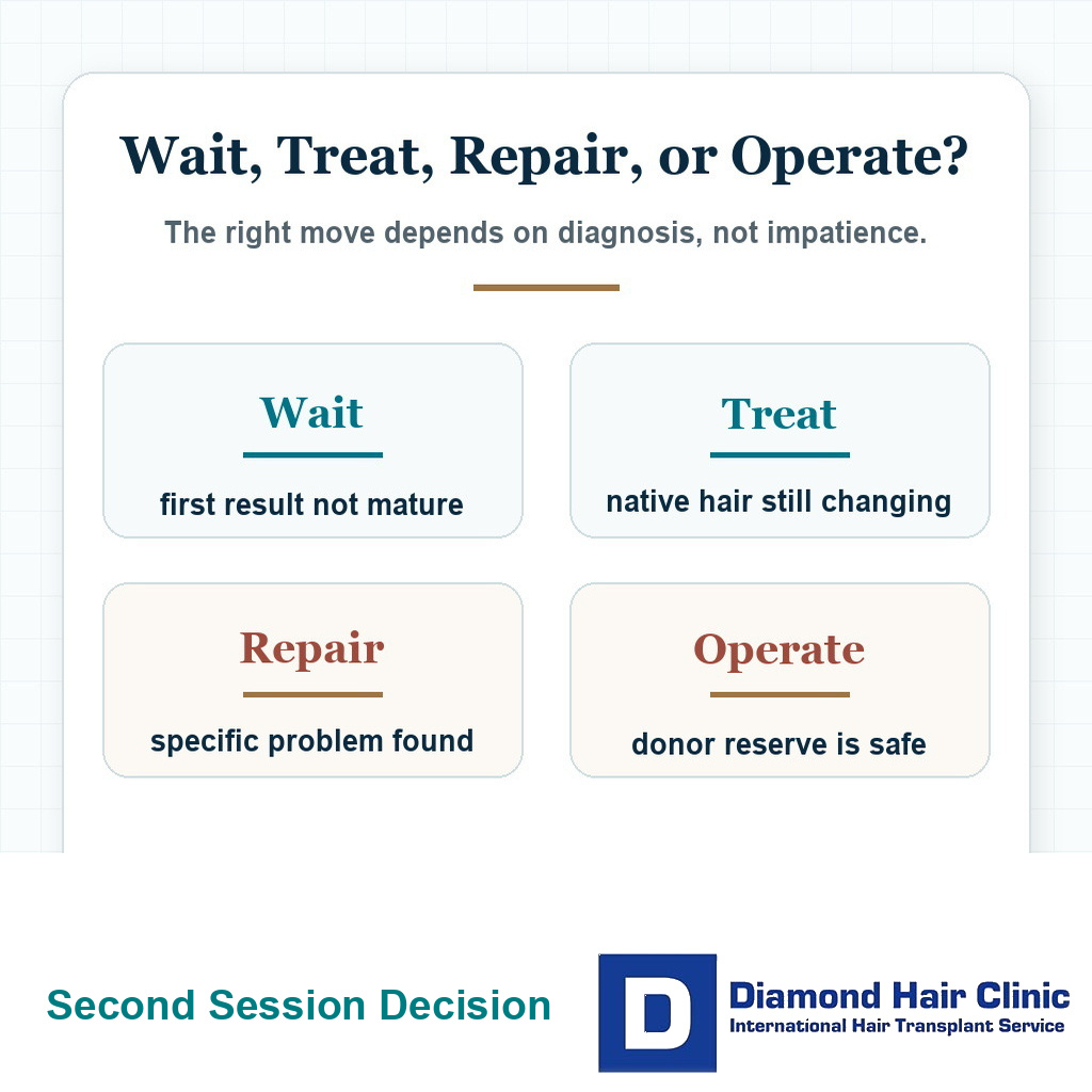 Decision card showing when to wait treat repair or operate before a second hair transplant