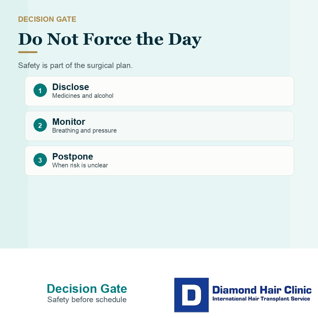 Hair transplant sedation planning card showing disclose, monitor, and postpone when risk is unclear