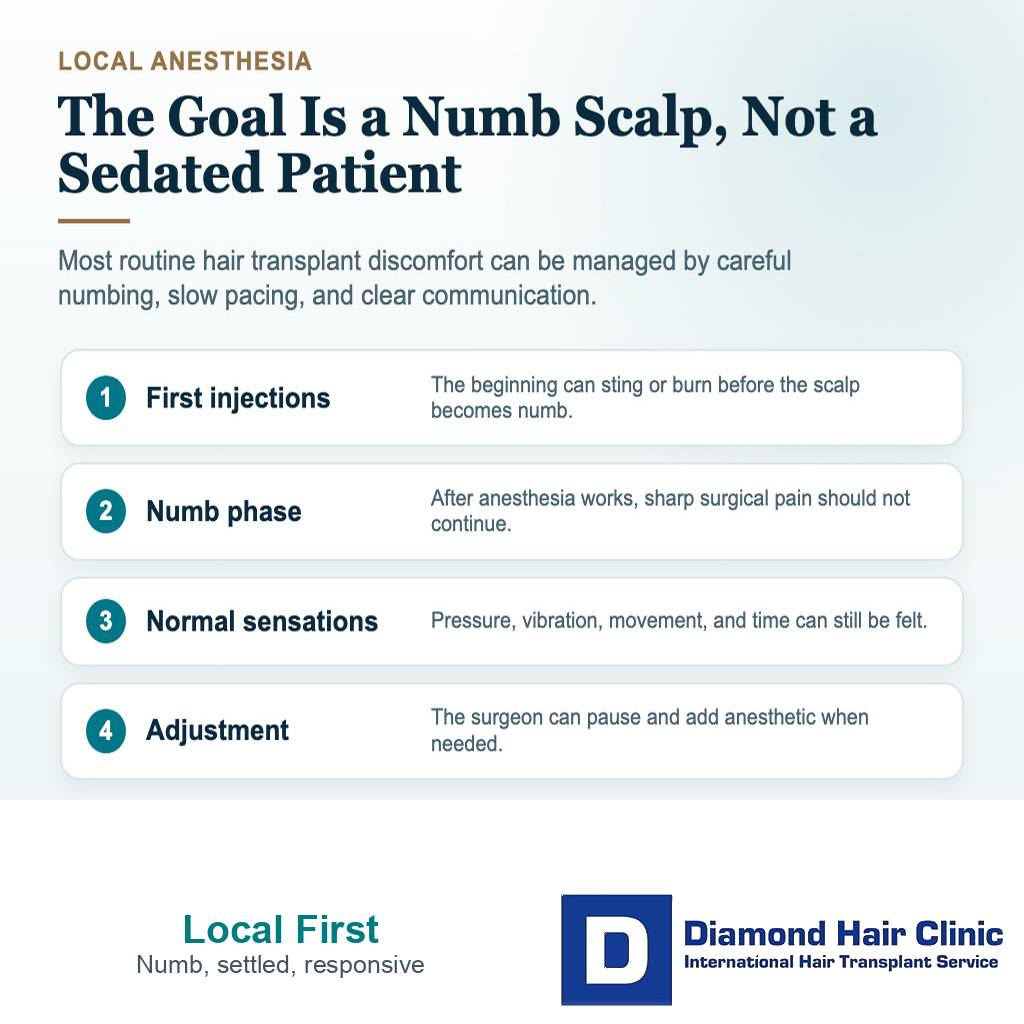 Diamond Hair Clinic visual explaining local anesthesia expectations during hair transplant surgery, including first injections, the numb phase, normal sensations, and adjustment