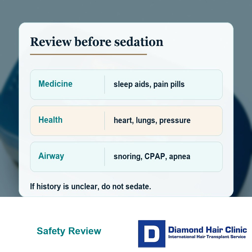 Sedation planning card showing medicine review, health history, and monitoring before hair transplant