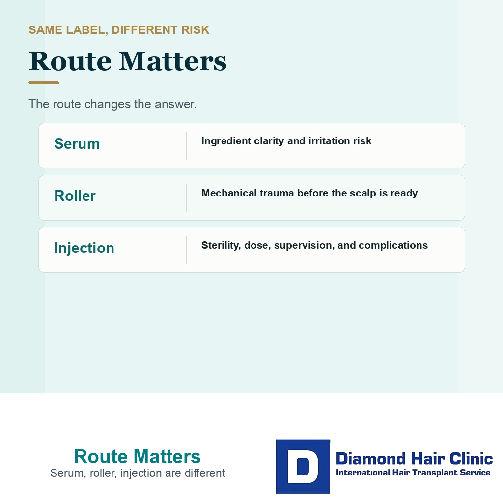 Diamond Hair Clinic visual separating serum kits, scalp rollers, and injections after hair transplant