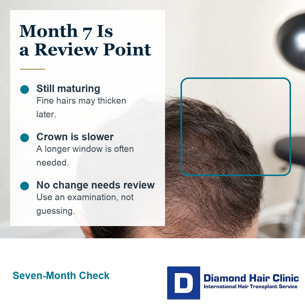 Seven-month hair transplant review visual showing maturing hair and scalp visibility.
