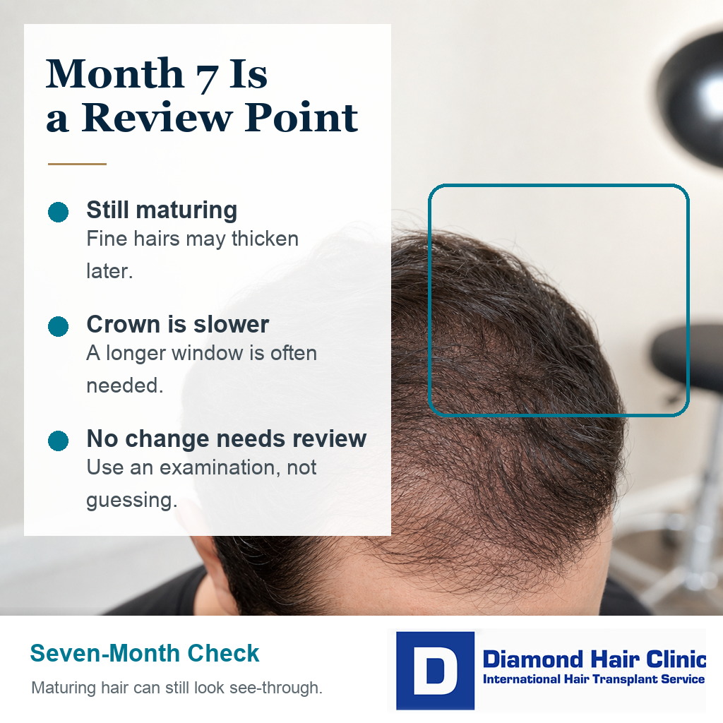 Seven-month hair transplant review visual showing maturing hair and scalp visibility.