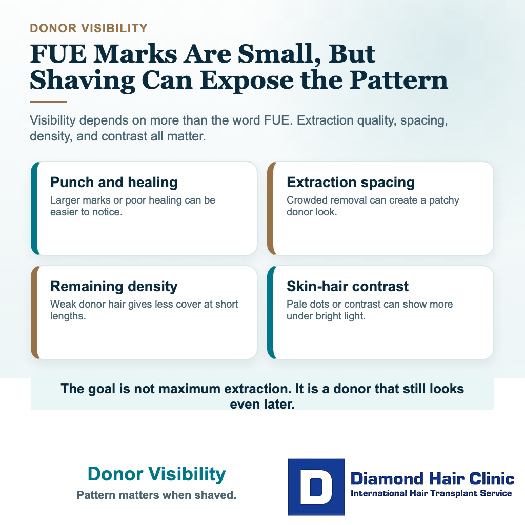 Visual explaining what affects whether FUE scars or donor thinning show after shaving the head