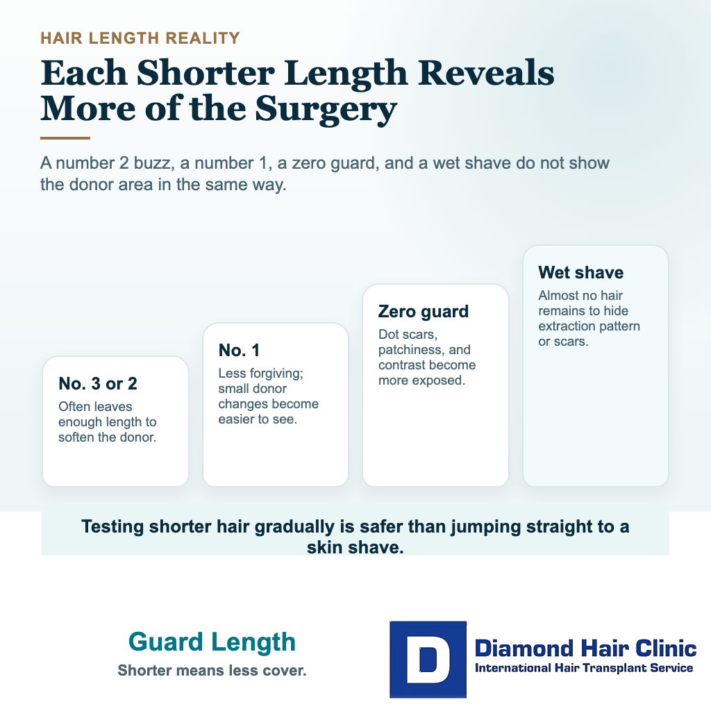 Visual explaining how different clipper guard lengths can reveal FUE donor changes after a hair transplant