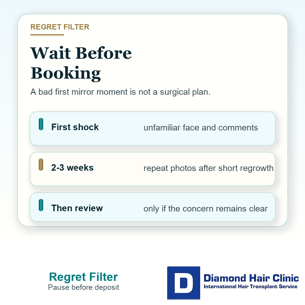 Clinical support card advising patients who regret shaving their head to pause, repeat photos after two to three weeks of regrowth, and review surgery only if the concern remains clear.