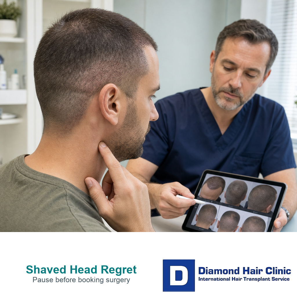 Buzzed hair transplant patient reviewing donor planning with a surgeon before booking surgery