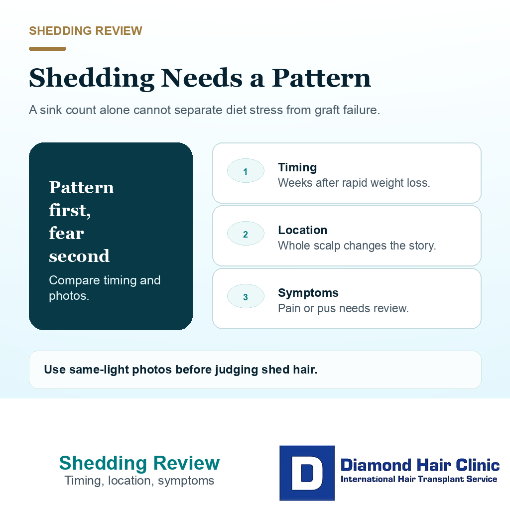 Support visual explaining how timing location symptoms and photos help separate diet related shedding from graft failure anxiety