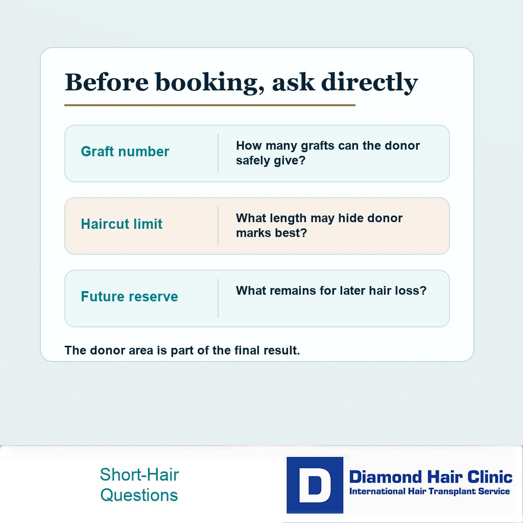 Short-hair FUE planning should review donor density, extraction spacing, graft number, and future reserve before surgery.