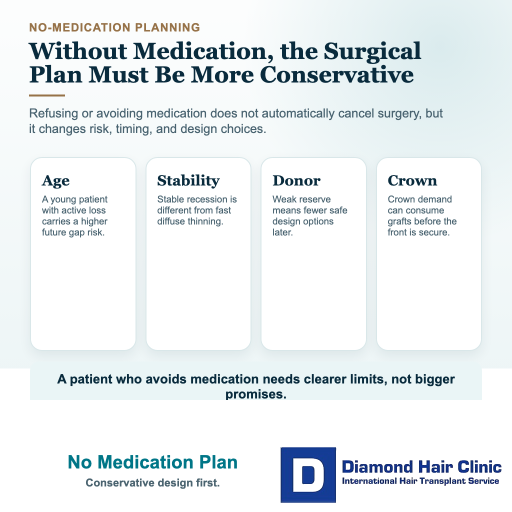 Visual explaining that a hair transplant plan should be more conservative when a patient cannot or will not use medication