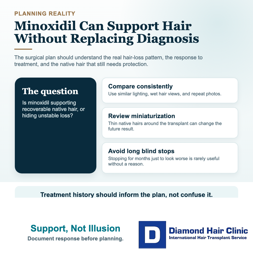 Visual explaining minoxidil can support native hair before hair transplant but should not create a false surgical plan