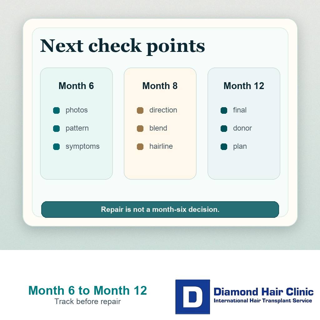 Six-month hair transplant review timeline showing month 6 documentation, month 7 to 8 pattern review, month 10 density check, and month 12 final review.