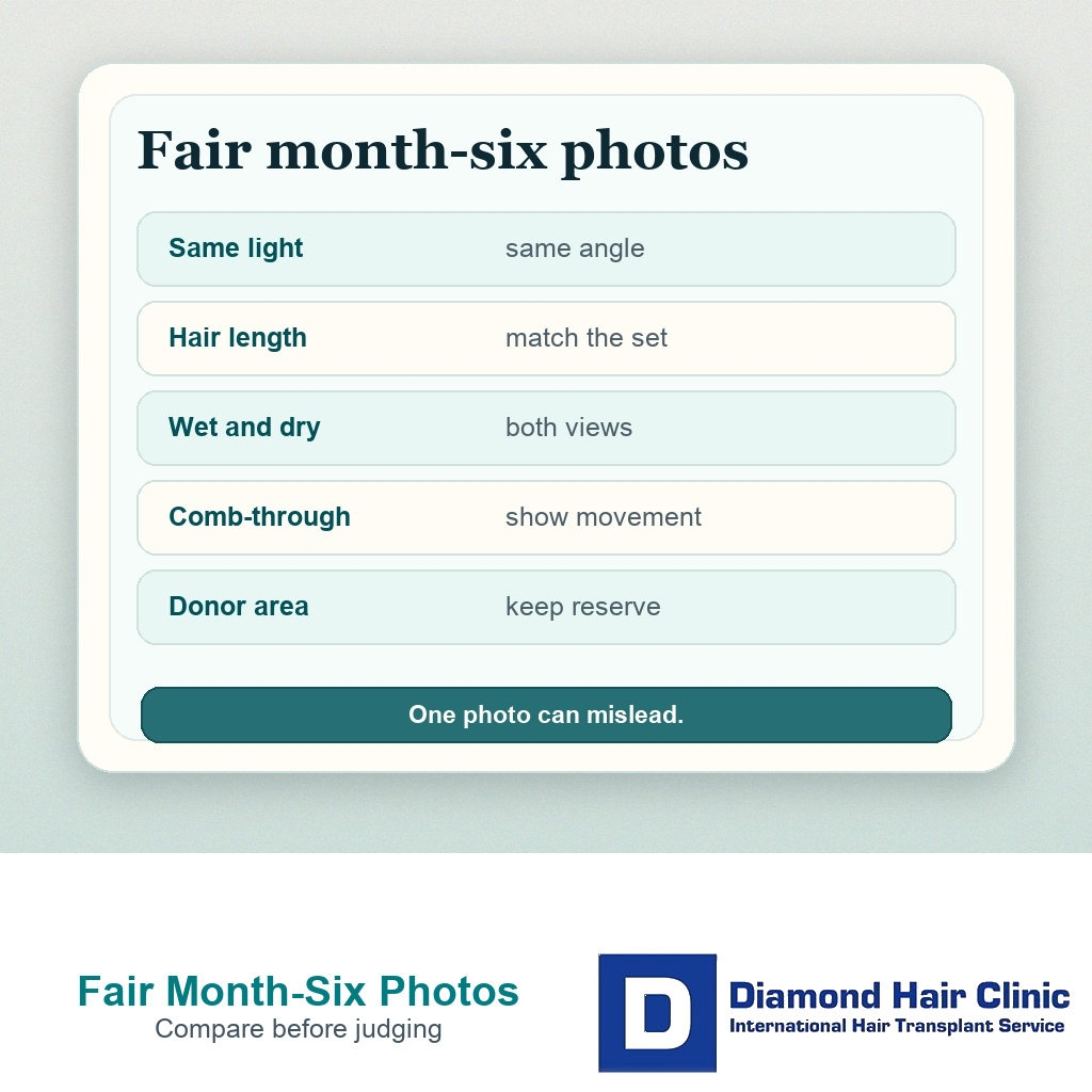 Six-month hair transplant photo review card showing same light, same angle, wet and dry hair, hair length, and donor checks.