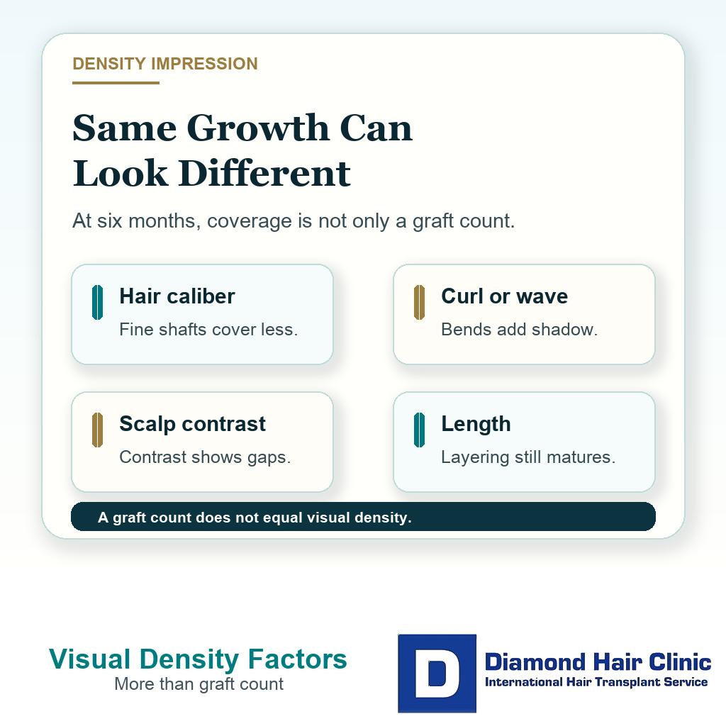 Clinical support card explaining how hair caliber curl scalp contrast and length affect six-month visual density after hair transplant.