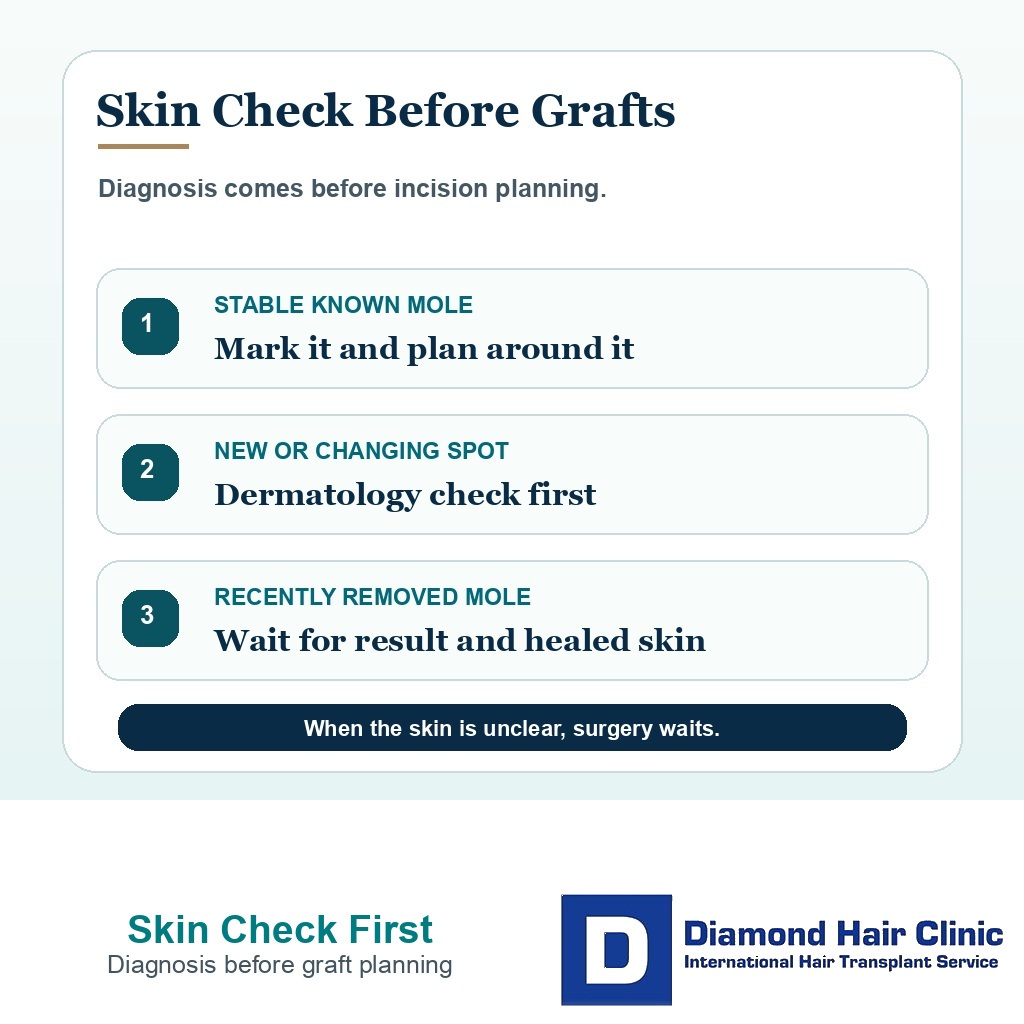 Decision card showing when a scalp mole needs dermatology review before hair transplant planning