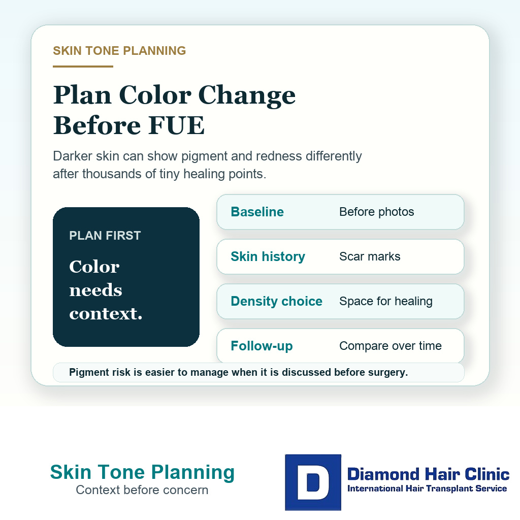 Clinical support card explaining baseline photos skin history density choice and follow up for darker skin after FUE
