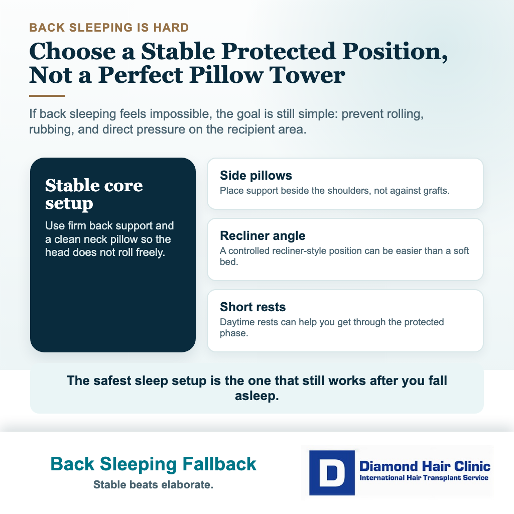 Hair transplant sleep visual explaining practical fallback options when back sleeping is difficult after surgery