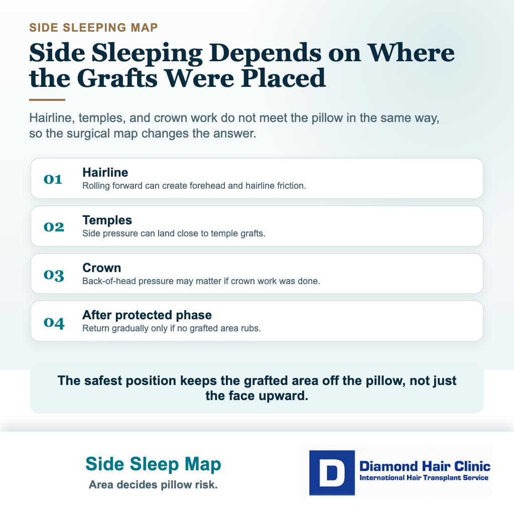 Hair transplant sleep visual explaining how side sleeping risk depends on hairline temples crown and recipient area contact