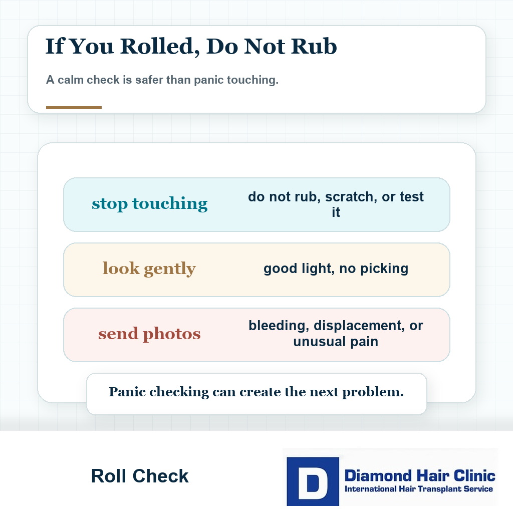 Accidental roll response card showing not to rub grafts and to contact the clinic for bleeding displacement or unusual pain