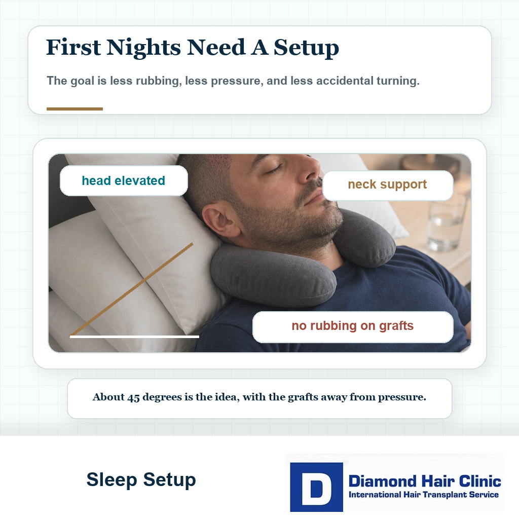 Sleep setup visual showing elevated back sleeping with neck support after a hair transplant