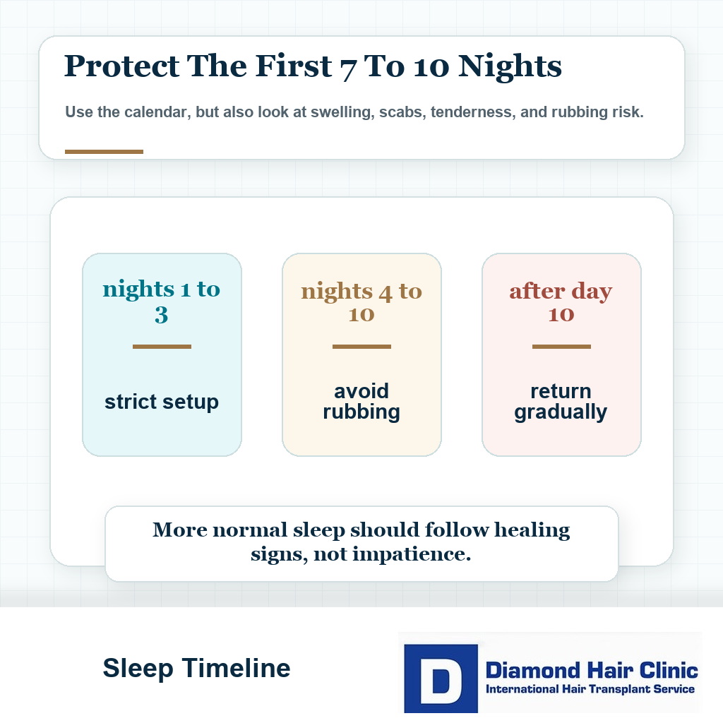 Timeline card showing the first 7 to 10 nights of protected sleeping after hair transplant before returning gradually to normal sleep