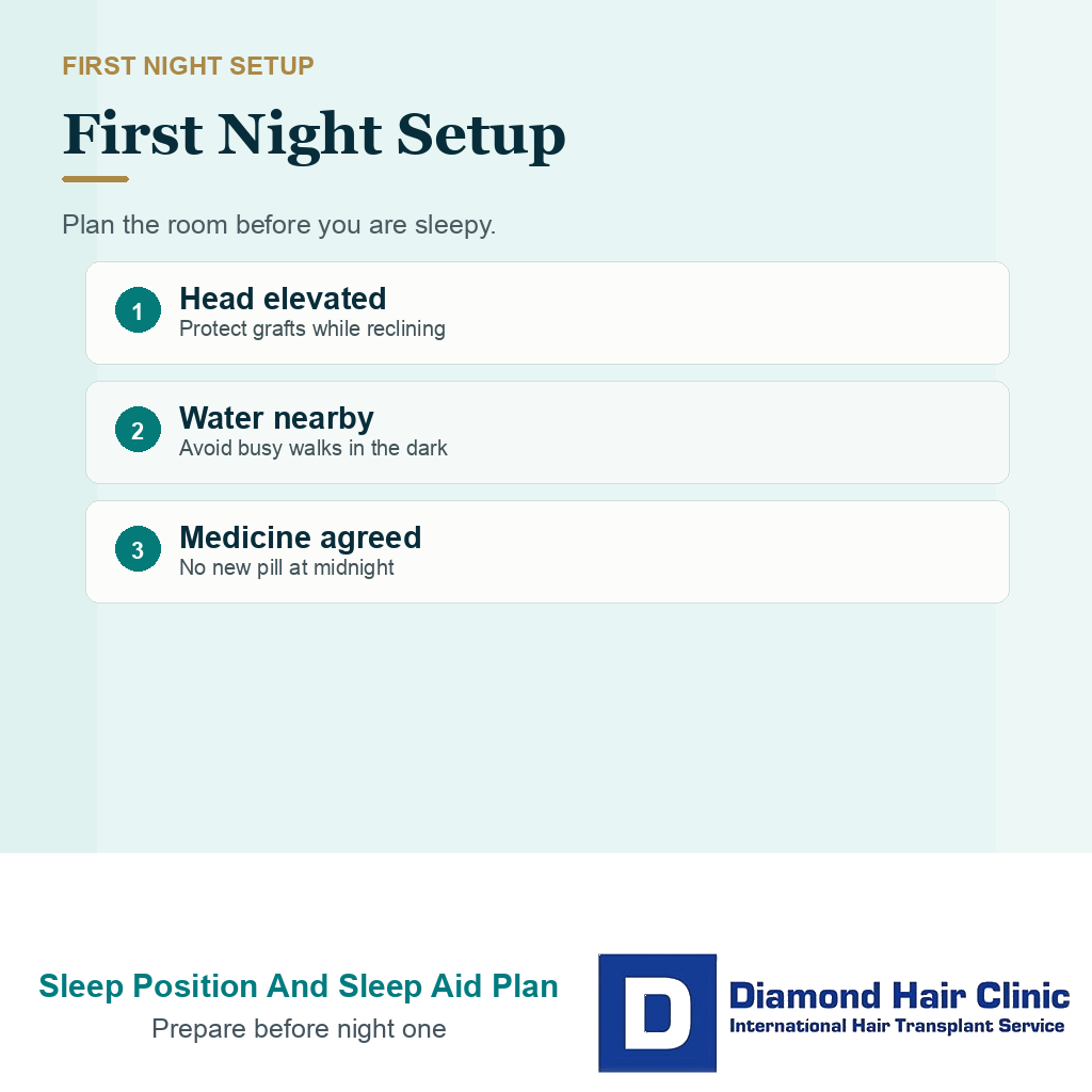 Elevated bed setup with pillows and neck pillow for safer sleep after hair transplant
