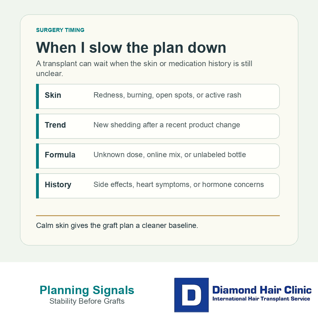 Information card showing when topical product history slows FUE timing