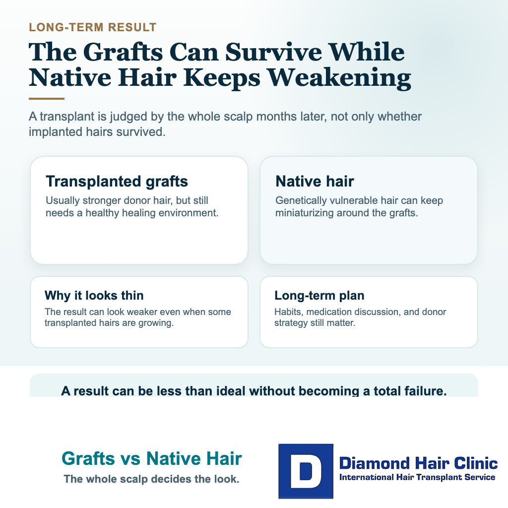 Visual explaining that transplanted grafts can survive while native hair around them continues to weaken after smoking and poor scalp habits
