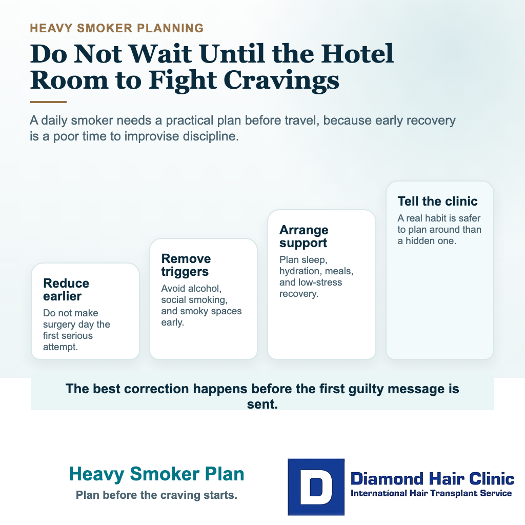 Visual explaining how a heavy smoker should plan before hair transplant surgery to reduce cravings and recovery risks