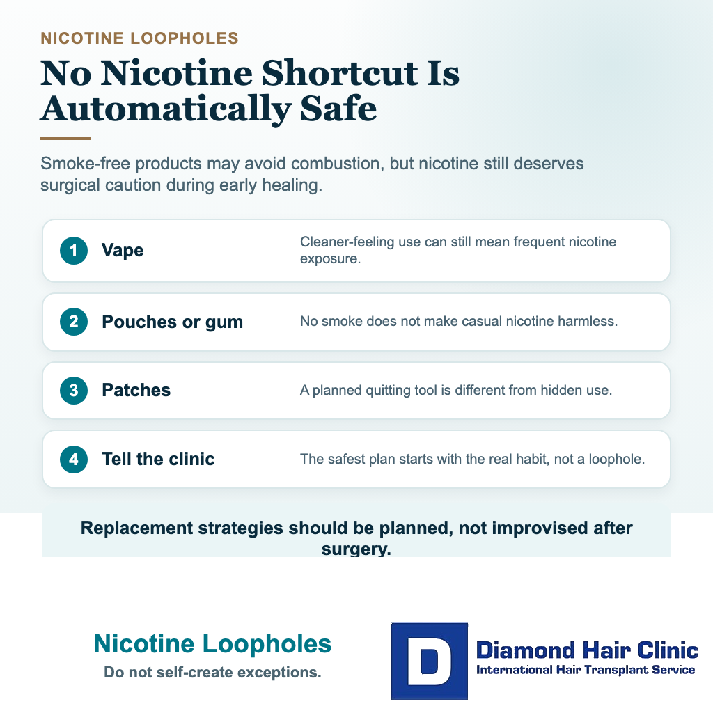 Visual explaining that nicotine pouches gum patches and vaping are not automatic safe exceptions after hair transplant