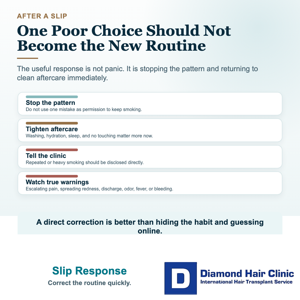 Visual showing what to do after smoking once after a hair transplant without turning it into a repeated pattern