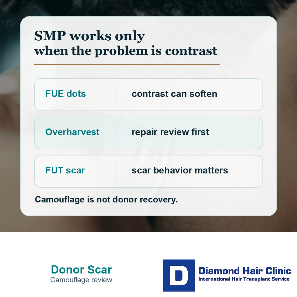 Information card showing when SMP can help FUE dots and when donor repair needs review