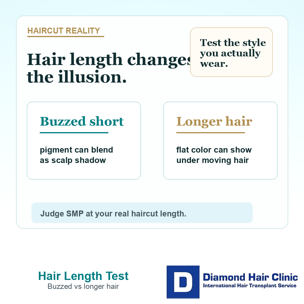Support card explaining why haircut length changes how scalp micropigmentation blends after hair transplant
