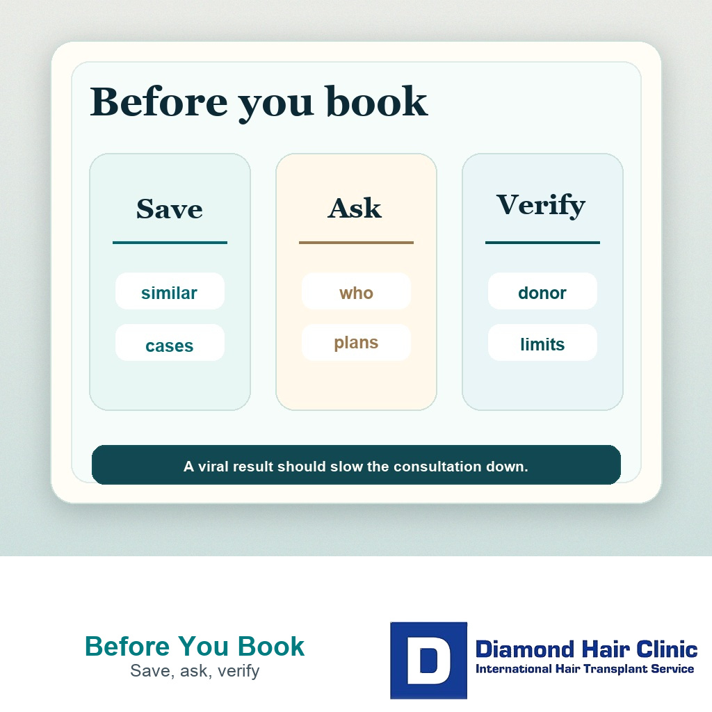 Three-panel card showing how to use social media hair transplant results: save similar cases, ask who plans, and verify donor limits.