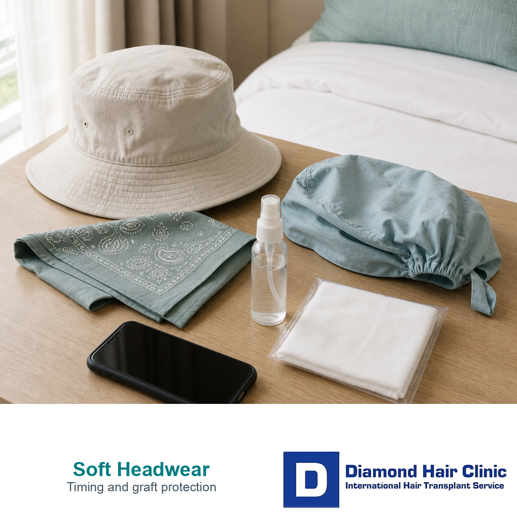 Loose bucket hat, silk bandana, and clean fabric prepared for careful headwear use after a hair transplant