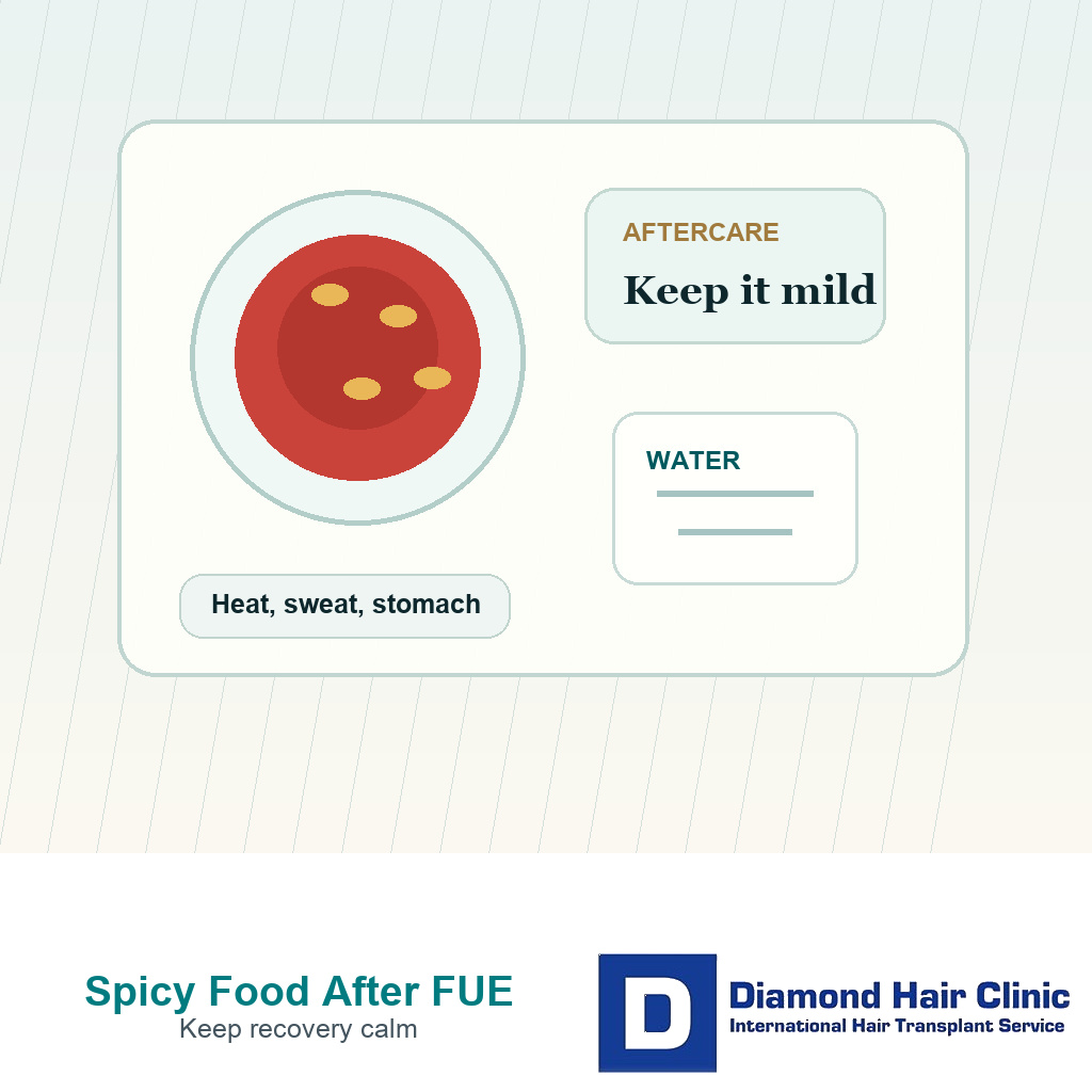Mild recovery meal with water aftercare card and small chili bowl for spicy food after hair transplant guidance