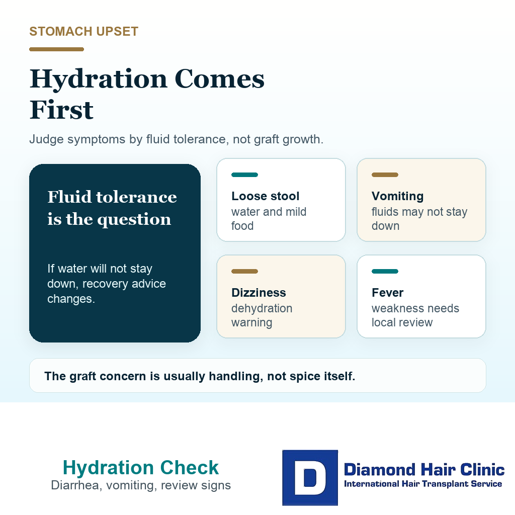 Support visual explaining hydration and medical review signs when spicy food causes diarrhea or vomiting after hair transplant