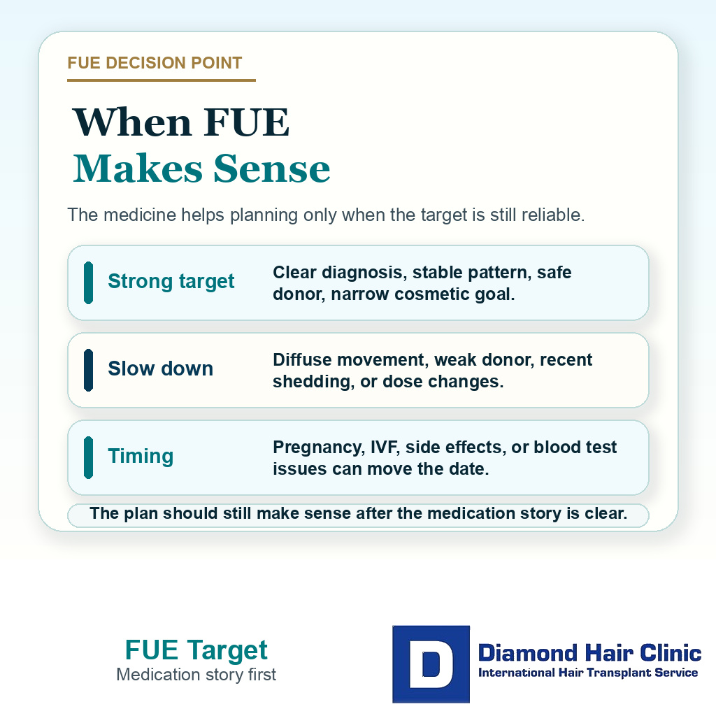 Information card comparing stronger FUE targets with reasons to slow down surgery planning while taking spironolactone