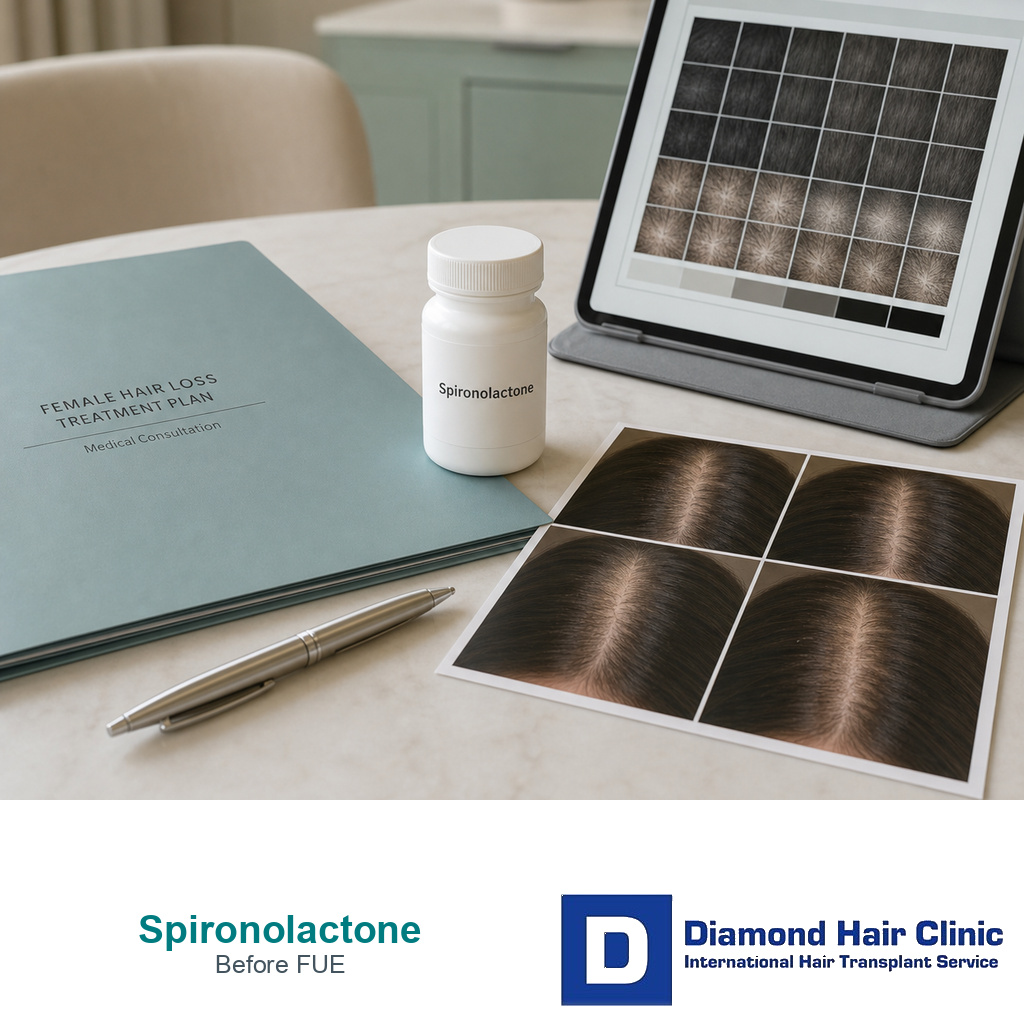 Spironolactone bottle beside female hair loss treatment plan and scalp density notes before FUE planning