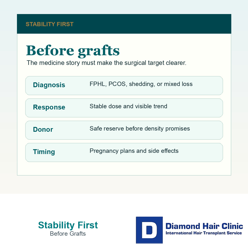 Information card showing diagnosis medication response donor safety and timing before FUE
