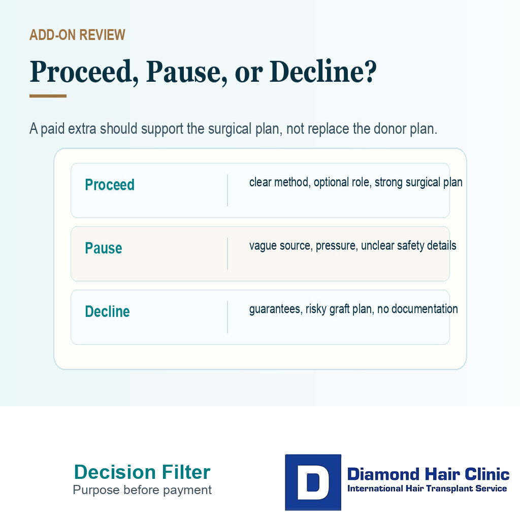 Decision card showing when to proceed pause or decline a stem cell hair transplant add-on